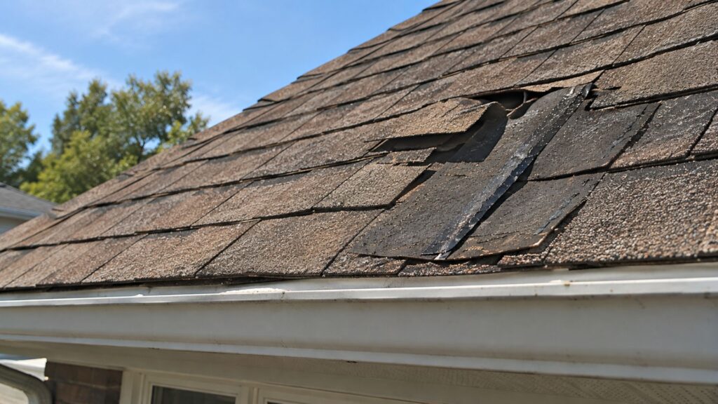 Damaged asphalt shingles on a residential roof exposing the underlayment near the gutter.